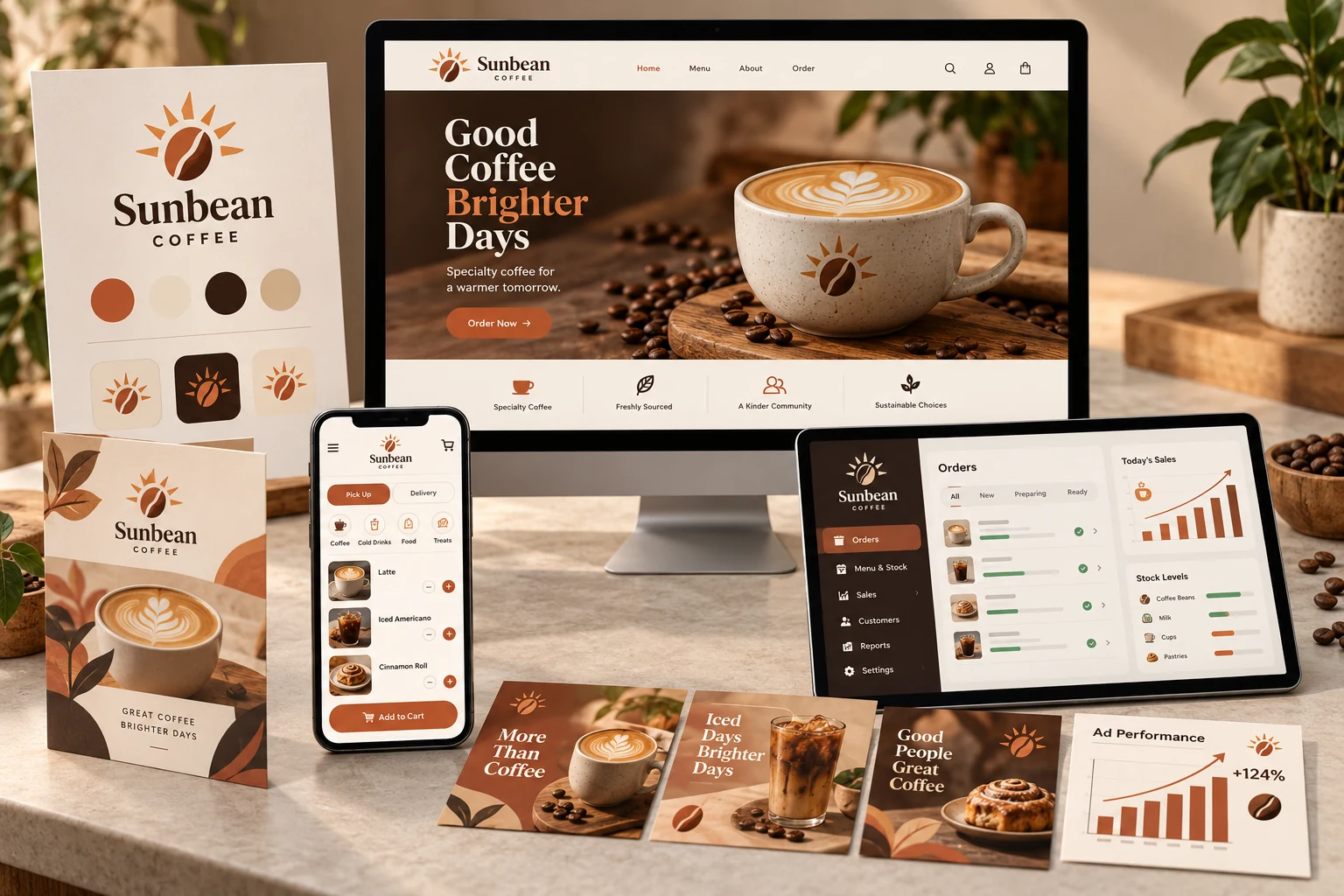 Fictional Sunbean Coffee startup pack with matching logo, website, ordering app, management software, brochure, social media designs and ad performance report